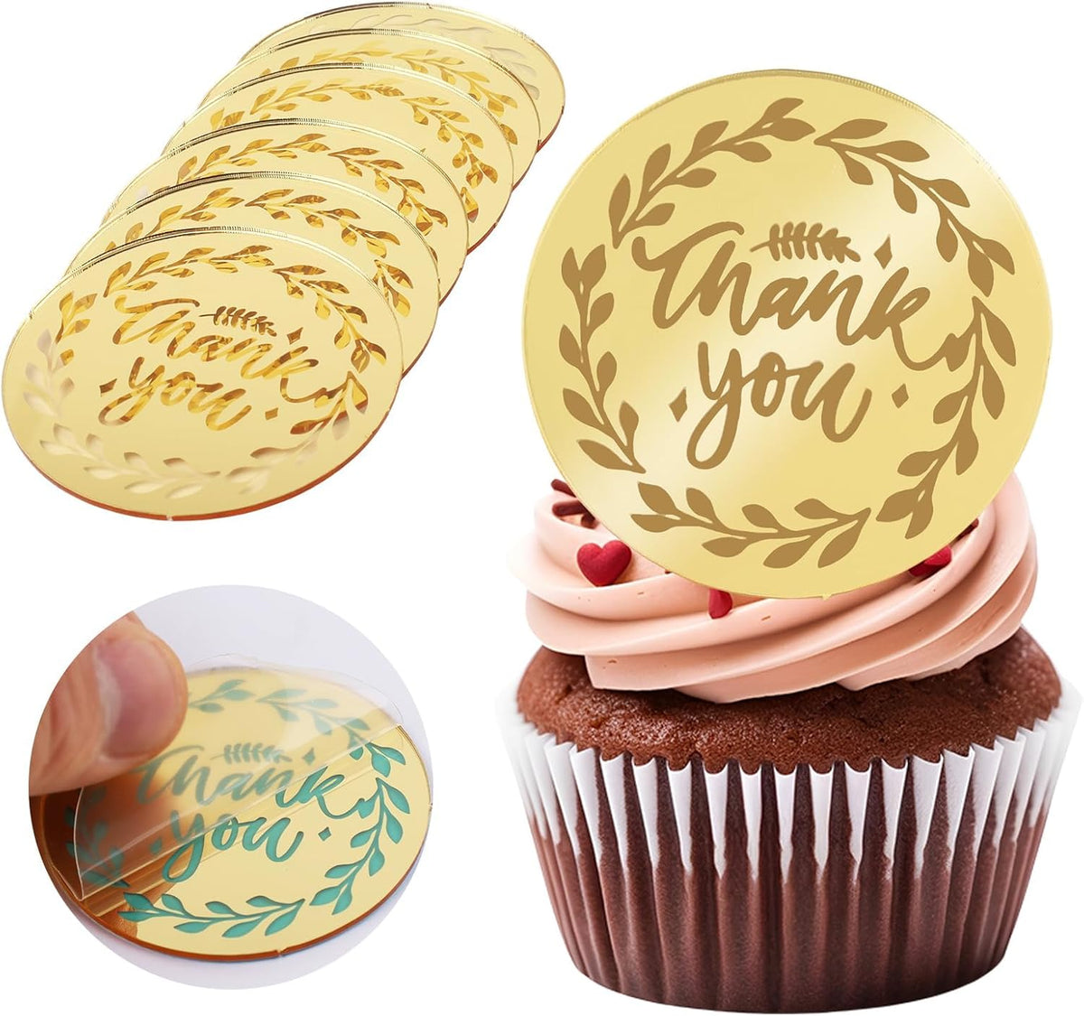 20Pcs Gold Thank You Cupcake Toppers Acrylic Cake Picks for Party Supplies