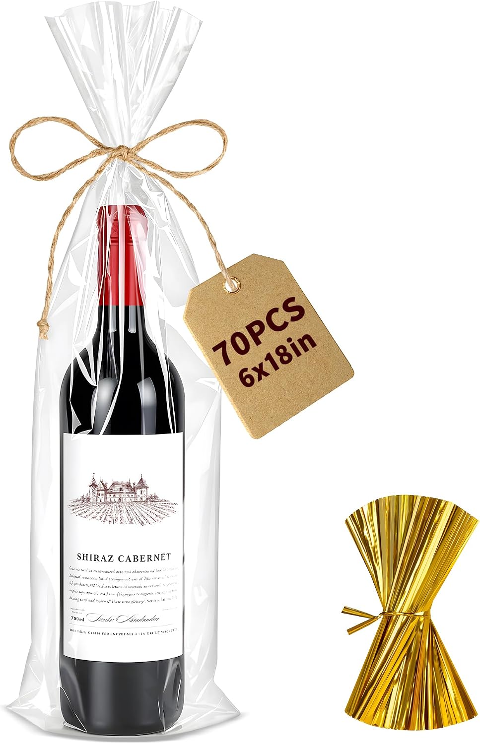 Yuiicaov Cellophane Bags for Wine Bottles, 6x18 Inches 70Pcs Clear Wine Gift Cello Bags With Twist Ties, Clear Treat Bags Packaging for Wine Champagne (Flat, No Gusset)