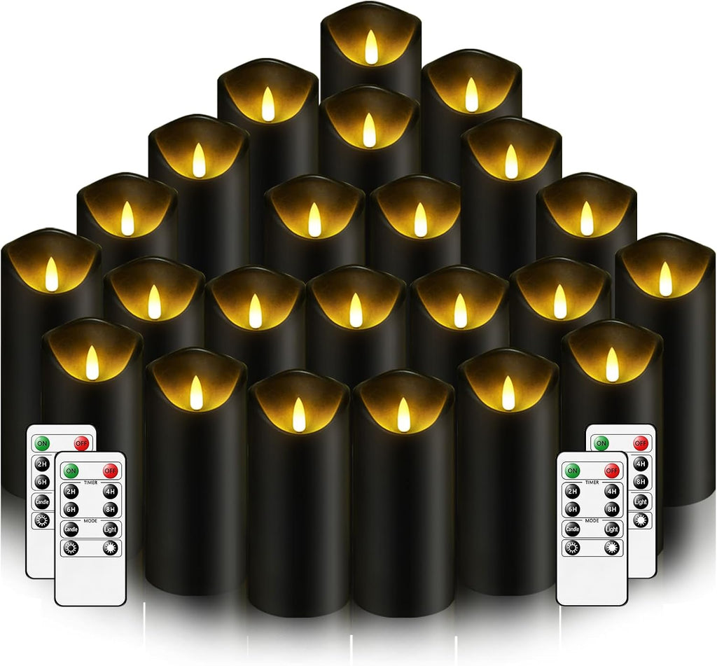 Nimiko Flameless Candles with Remote, Battery Operated Flickering Flameless Candles, LED Candles with Timer 2/4/6/8H, with Realistic LED Candles Set of 24 (D2.2 x H 5" 6" 7") (Black)