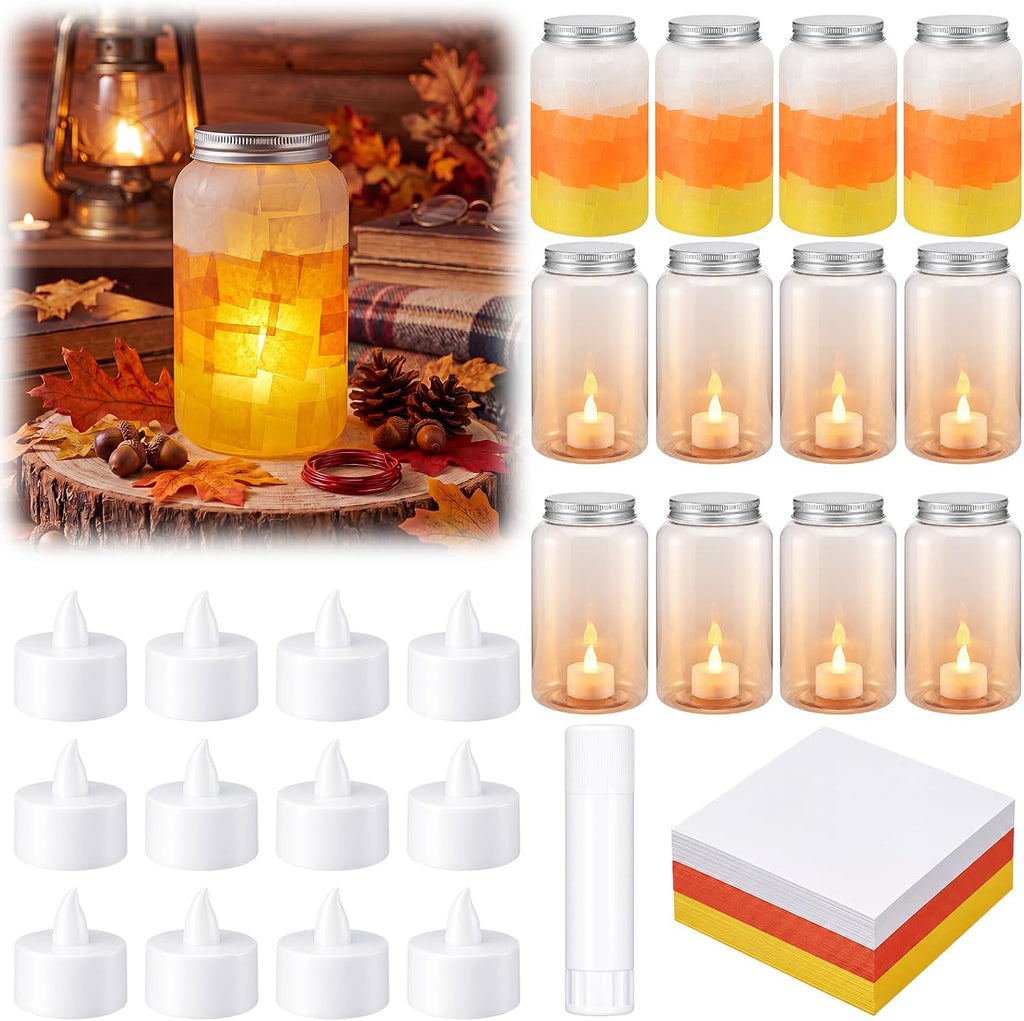 Qinyoung 12 Pcs Fall Crafts Candy Corn Mason Jar Crafts with LED Light