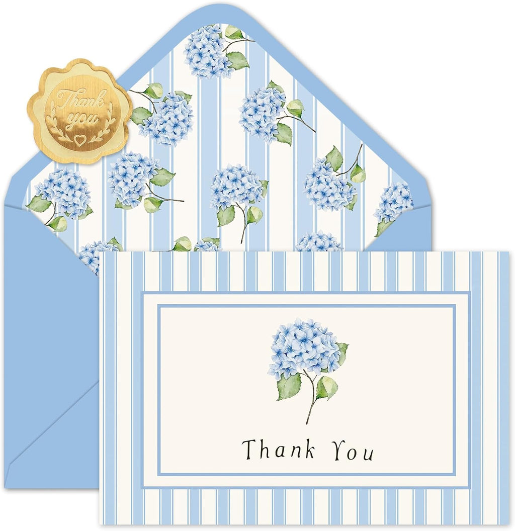 JarThenaAMCS 50 Pack Hydrangea Thank You Cards White Blue Floral Stripe Greeting Cards with Envelopes Stickers Blank Note Card for Wedding Bridal Baby Shower Birthday Party, 4 x 6 Inch