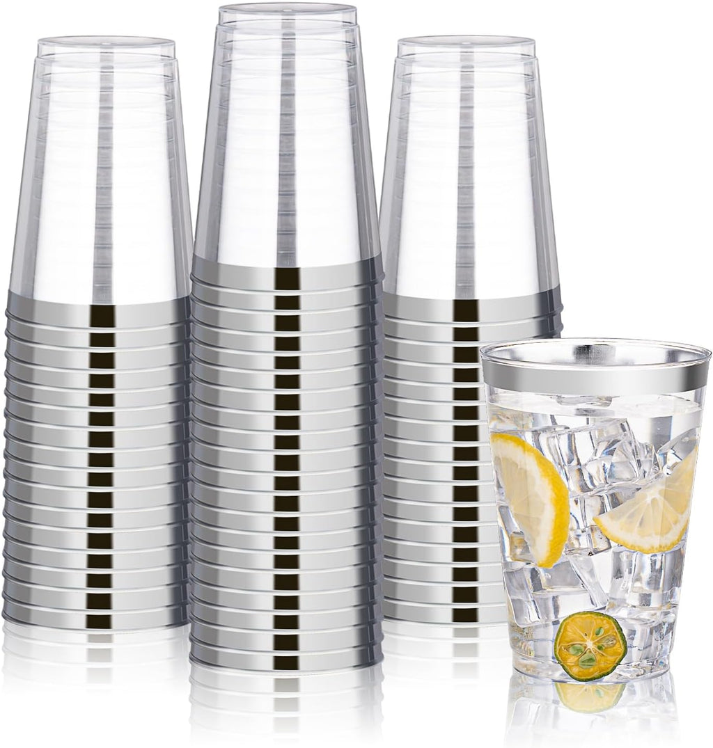 Rubtlamp 100 Guest Blue Gold Plastic Dinnerware Set,Clear Blue Disposable With Gold Rim, Hammer Fancy Party Plates Include 100Dinner Platos,100Cake Platos,100Cups,100 Pre Rolled gold Cutlery