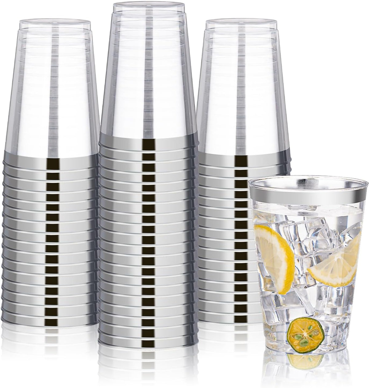Rubtlamp 100 Guest Blue Gold Plastic Dinnerware Set,Clear Blue Disposable With Gold Rim, Hammer Fancy Party Plates Include 100Dinner Platos,100Cake Platos,100Cups,100 Pre Rolled gold Cutlery