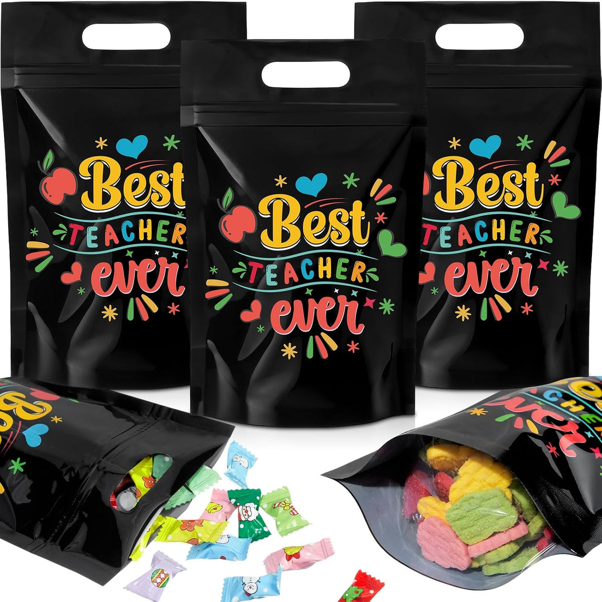 Engrowtic 50 Pcs Back to School Teacher Gift Bags Resealable First Day of School Teacher Treat Bag Bulk Thank You Goodie Pouches with Handles for Classroom Preschool Kindergarten Supplies