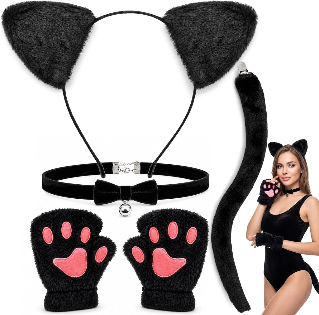 H-Style Cat Costume for Women - Black Cat Ears Headband Woman, Tail, Bell Choker & Gloves - 4 Pack, Halloween Cosplay Costume Outfit Accessories for Adult