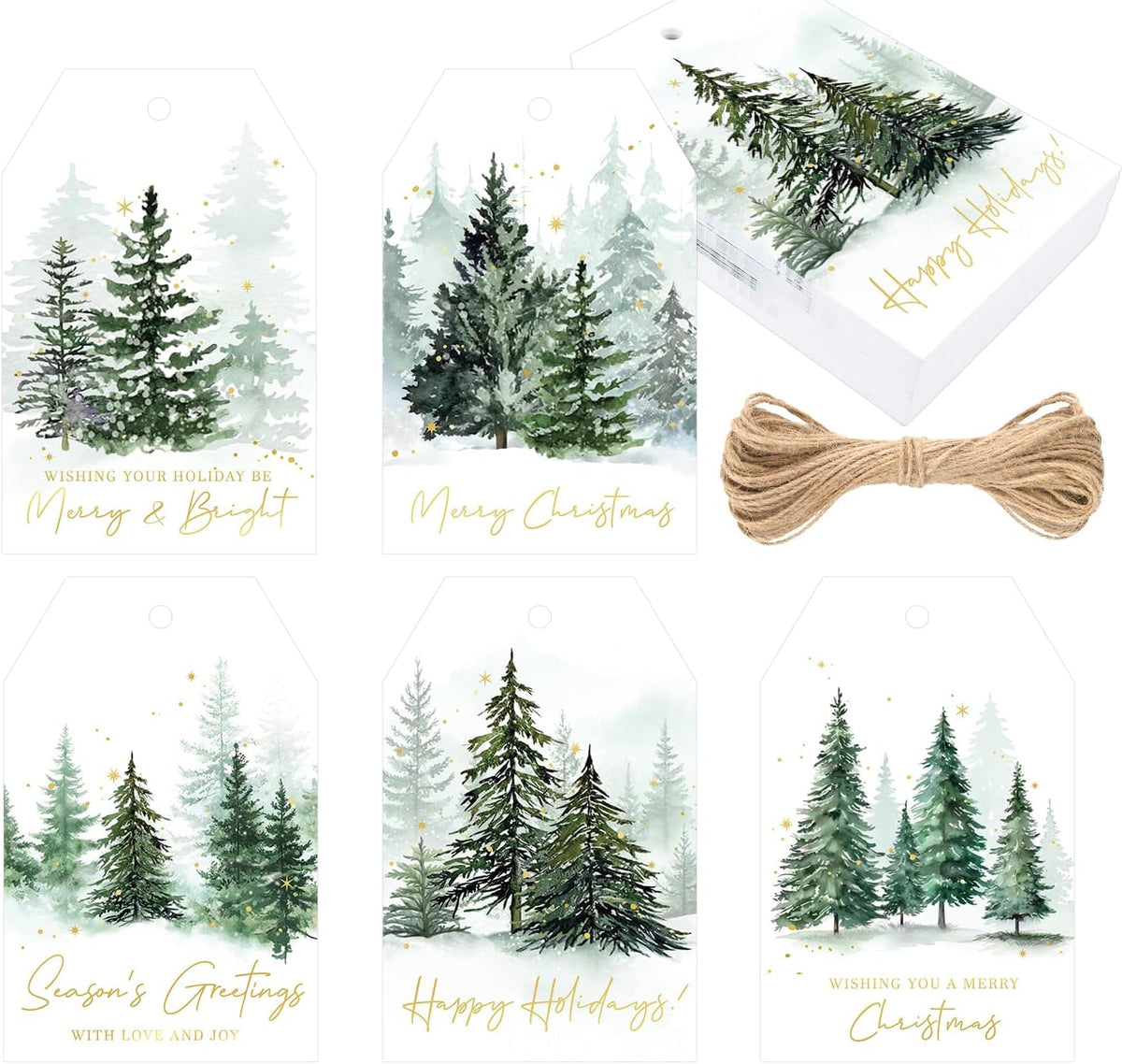 joycraft 50Pcs Christmas Gift Tags, 6 Styles Green Christmas Tree Tags
