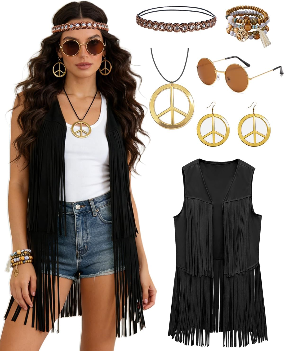 60s 70s Outfit for Women Hippie Costume Clothes Fringe Vest Accessories