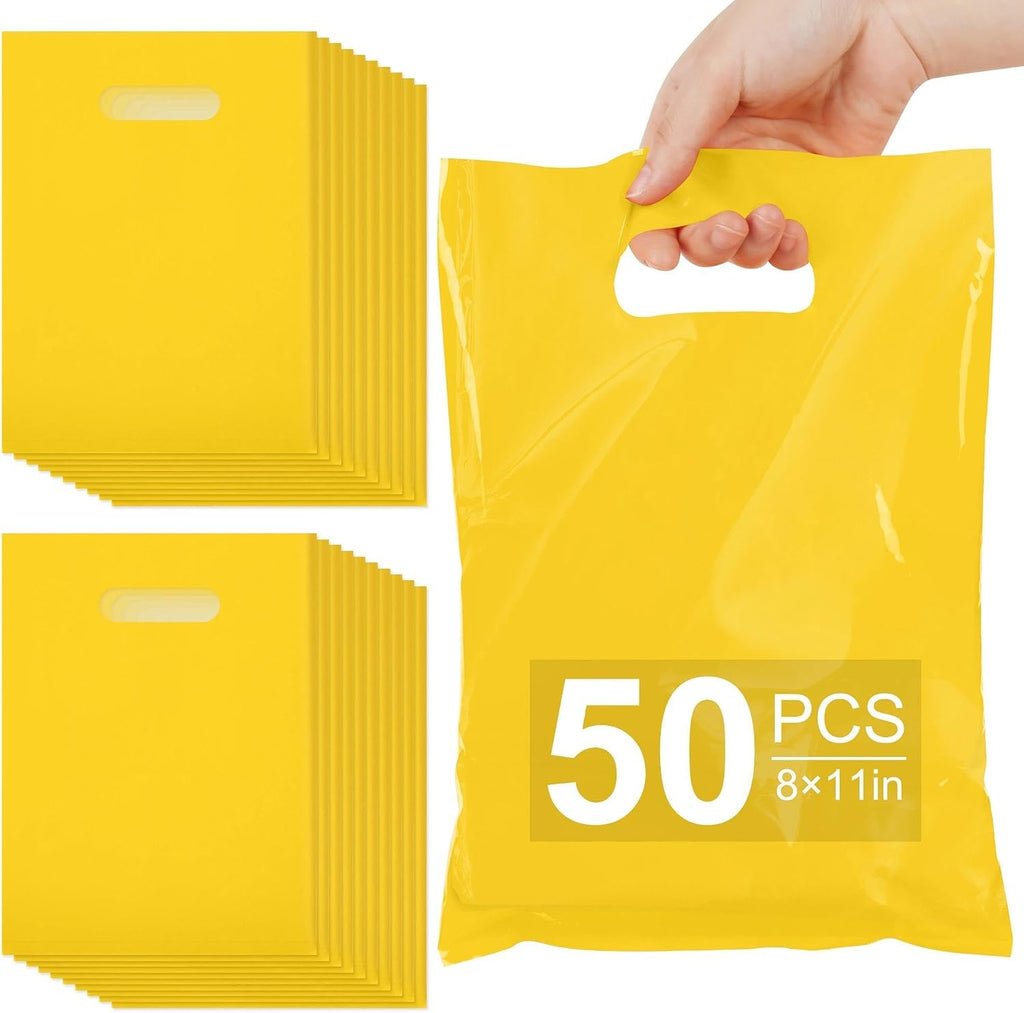 VieFantaisie 50 PCS Yellow Party Favor Bags, 8" x 11" Goodie Bags for Candy Treat Craft Easter Egg, Plastic Gift Bag with Die Cut Handles for Birthday Party, School Events & Small Business, Wedding
