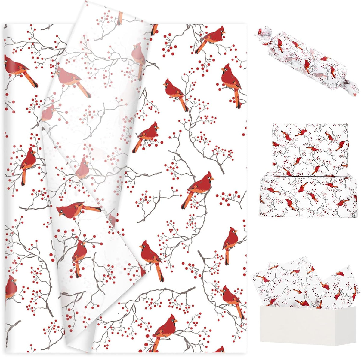 JarThenaAMCS 60 Sheets Christmas Tissue Paper Red Cardinal Bird Berry Gift Wrapping Paper Xmas DIY Art Crafts Tissue for Winter Holiday Birthday, 14 x 20 Inch