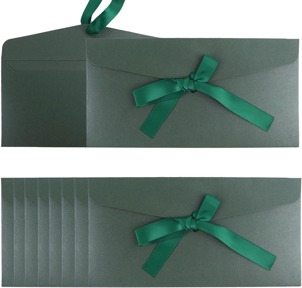 20 Pack Pearlescent Green Decorative Envelopes with Ribbon Bow, 8x4 Inch Christmas Cash Gift Envelope, Greeting Invitation Envelope Classical Pure Set for Wedding Birthday Festival and Party