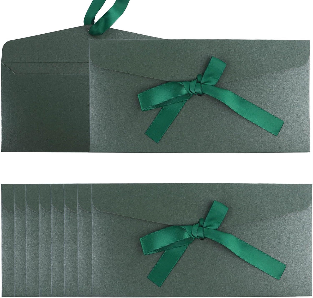 20 Pack Pearlescent Green Decorative Envelopes with Ribbon Bow, 8x4 Inch Christmas Cash Gift Envelope, Greeting Invitation Envelope Classical Pure Set for Wedding Birthday Festival and Party