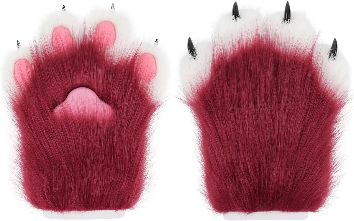 Faux Fur Plush Furry Cat Claw Gloves Fursuit Animal Fox Paws Mittens Halloween Cosplay Costume Accessories for Adult