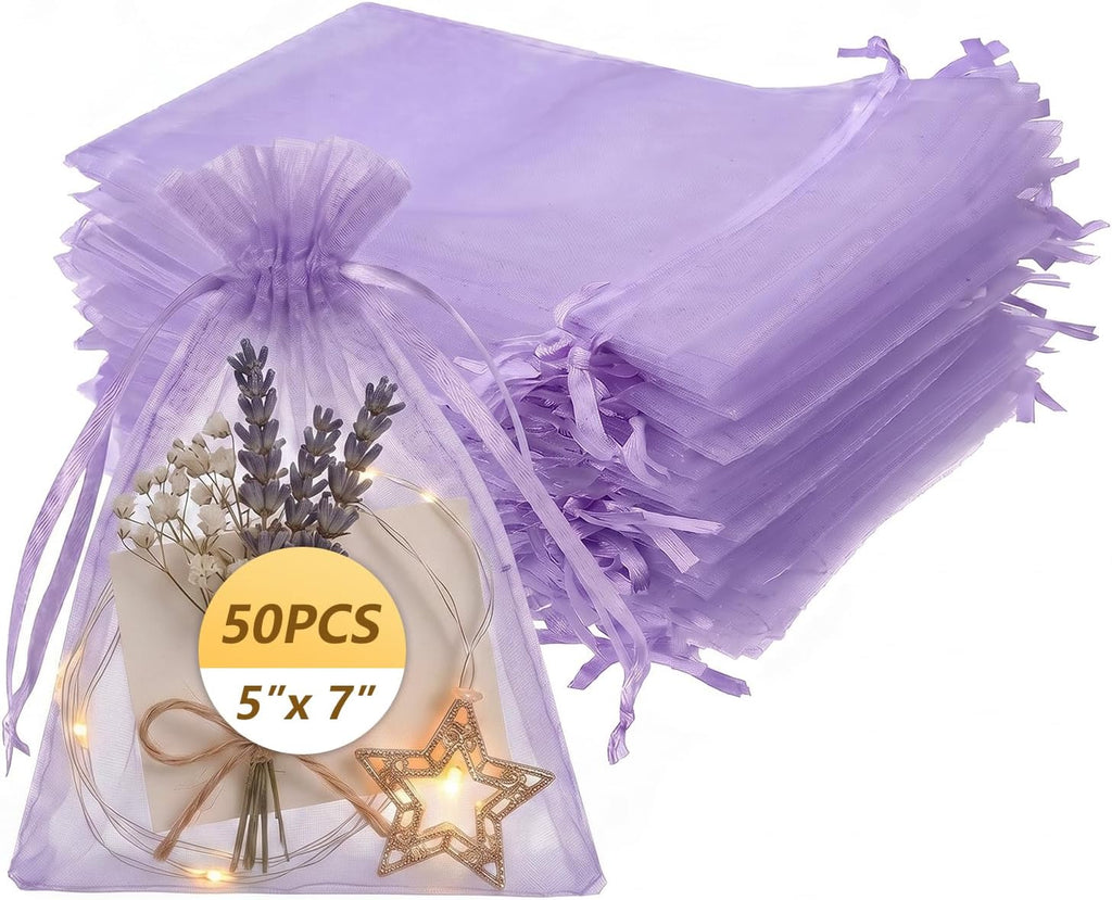 Wudygirl 50 Pcs Organza Bags, 5x7 IN Drawstring Gift Bags-Lilac
