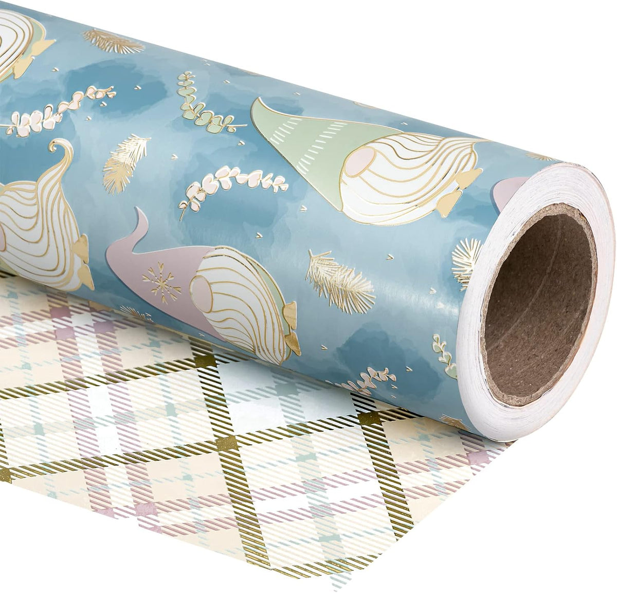 WRAPAHOLIC Reversible Christmas Wrapping Paper - Mini Roll - 17 Inch x 33 Feet - Blue Purple Gnome and Plaid Design with Metallic Foil Shine for Holiday, Party, Celebration