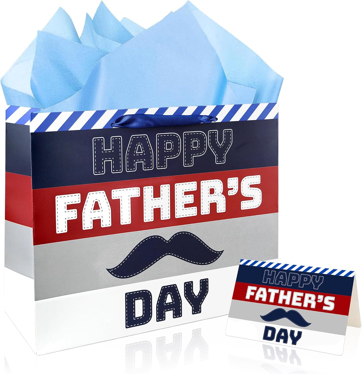 Xustanina 13" Large Fathers Day Gift Bag Blue & Red Handheld Gift Bag with Greeting Card Tissue Paper and Stickers Best Dad Birthday Party Supplies