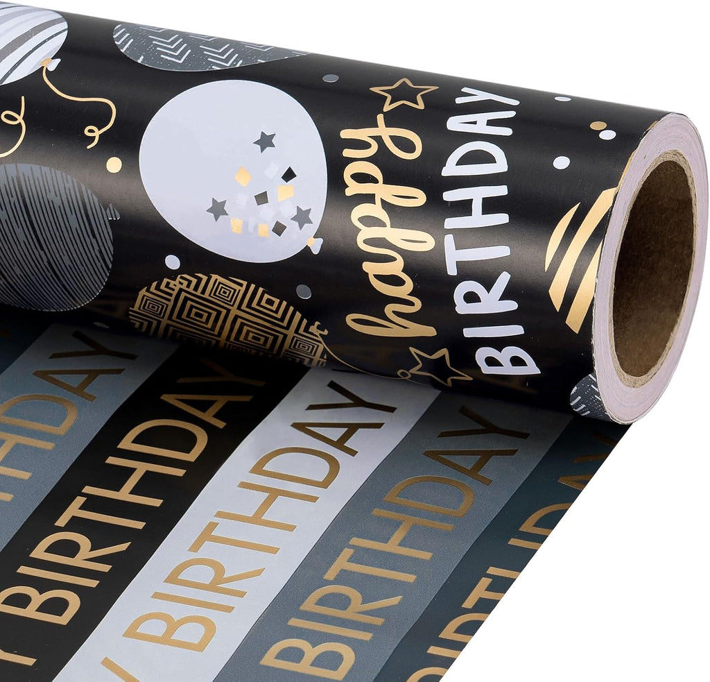 RUSPEPA Reversible Birthday Wrapping Paper Roll, Mini Roll, Black Gold Foil Happy Birthday Balloon & Stripe Text Design Gift Wrap Paper for Men, Boy, Adults, Party Celebration, 17.5 Inches x 32.8 Feet