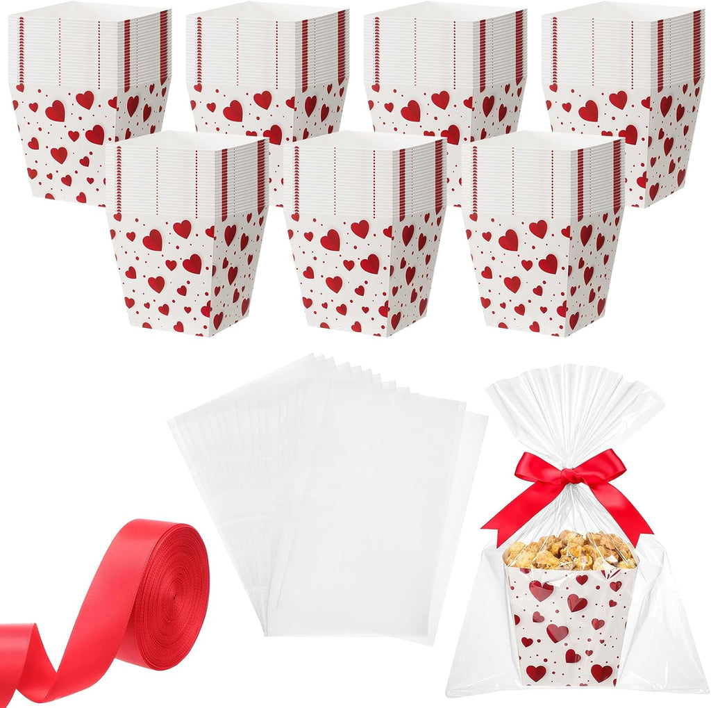 Pajean 24 Sets Valentine's Day Popcorn Boxes with Cellophane Bags & Ribbon
