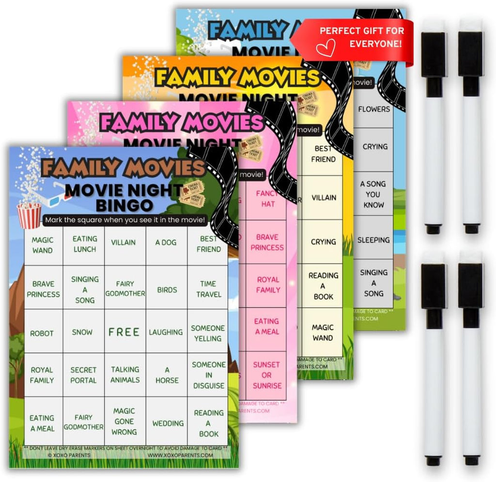 XOXO Parents Movie Night Bingo Cards, Reusable Supplies - Family