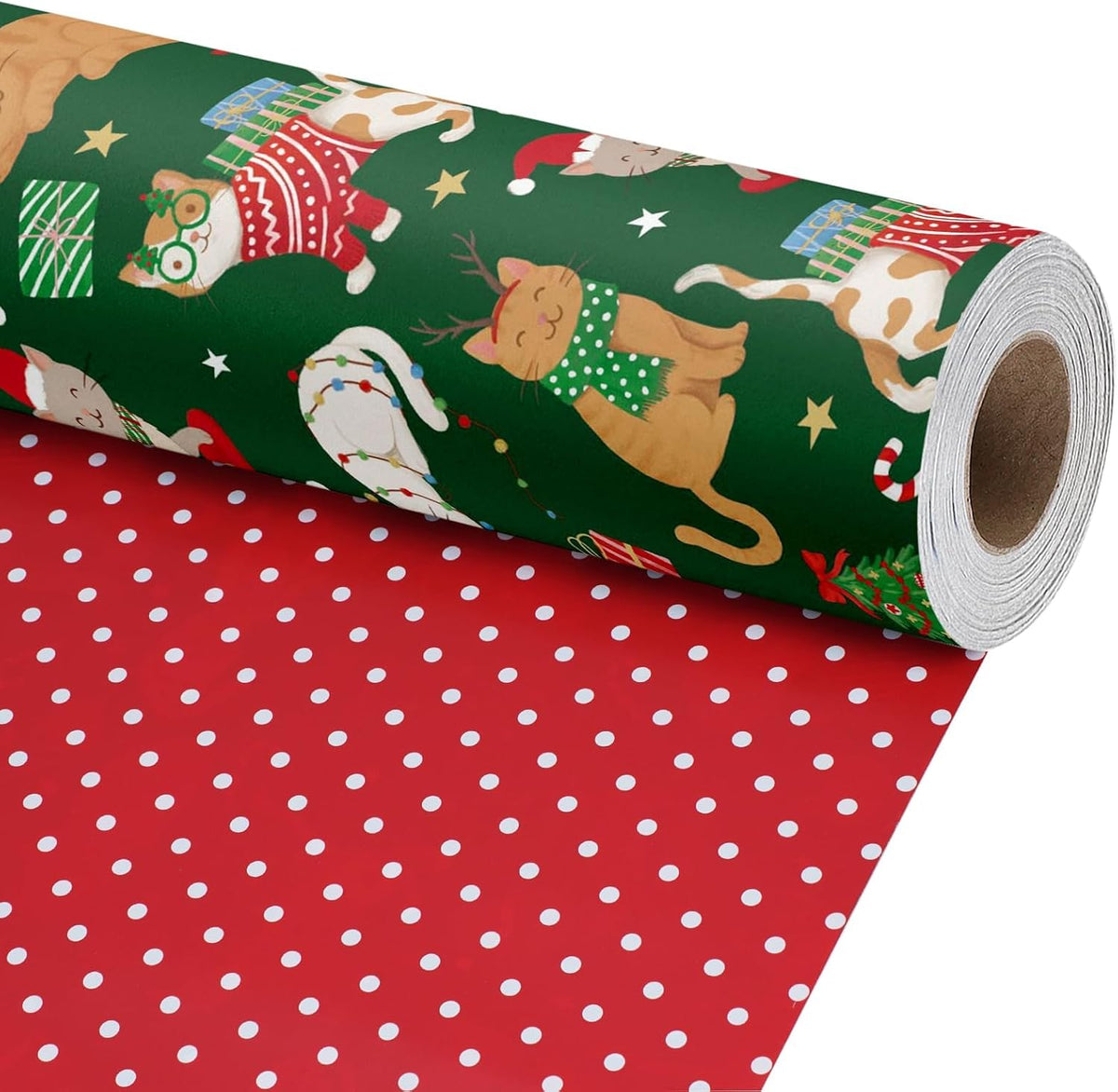 LaRibbons Reversible Cat Christmas Wrapping Paper Roll Pet 17 In x 33 Ft