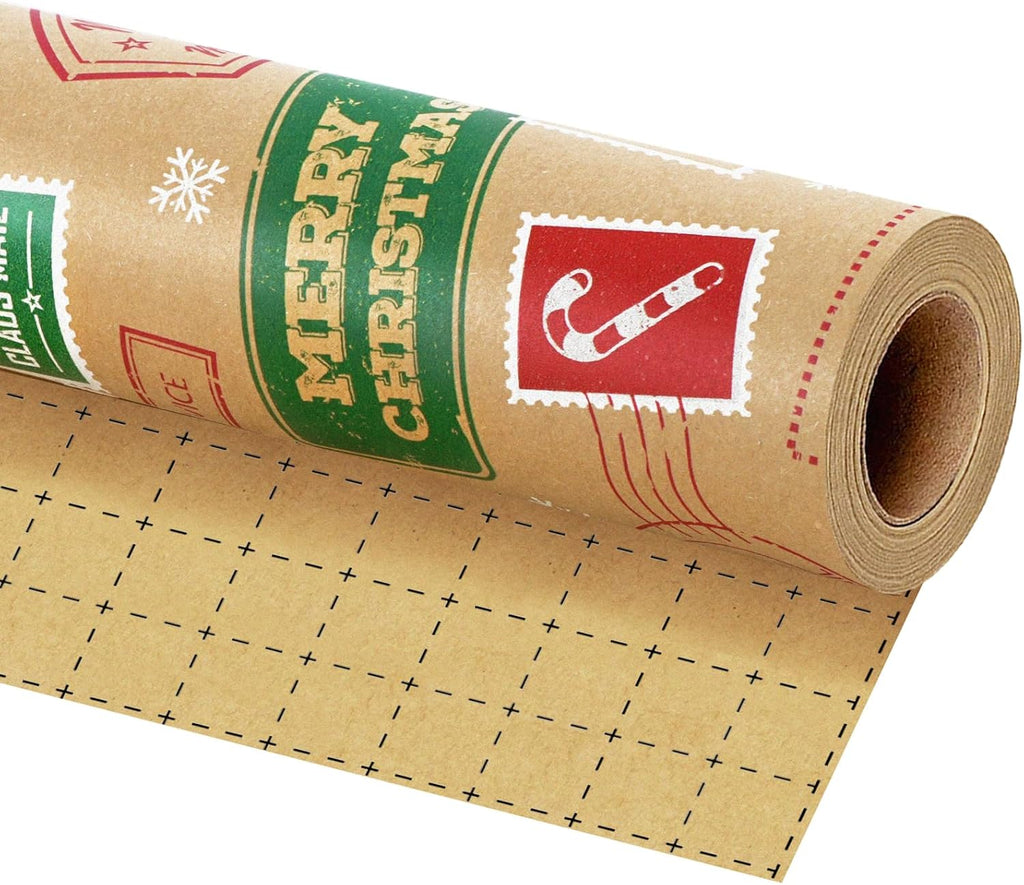 LaRibbons Kraft Christmas Wrapping Paper, Vintage Xmas Postmark Stamp