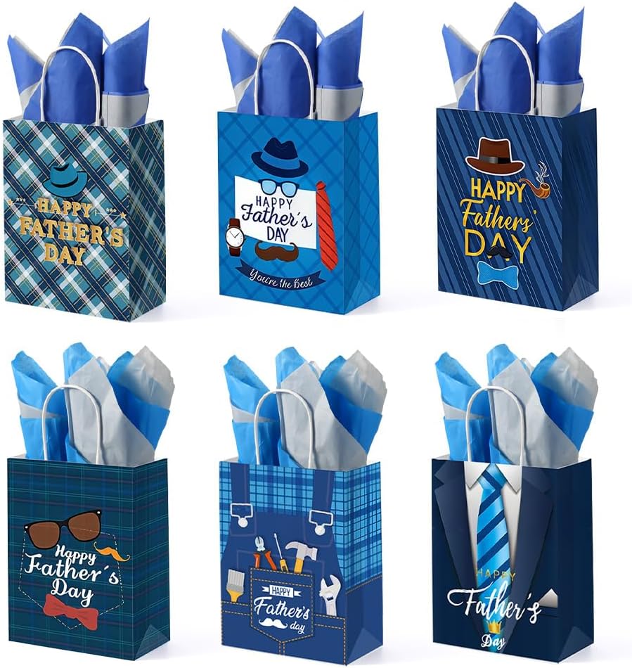 FCKLVMC 12 Pcs Fathers Day Gift Bags with Handle, Fathers Day Gift Bag with Decorative Paper for Men Father'S Day Birthday Party Decor Favor(8.27x6.3x3.15in)