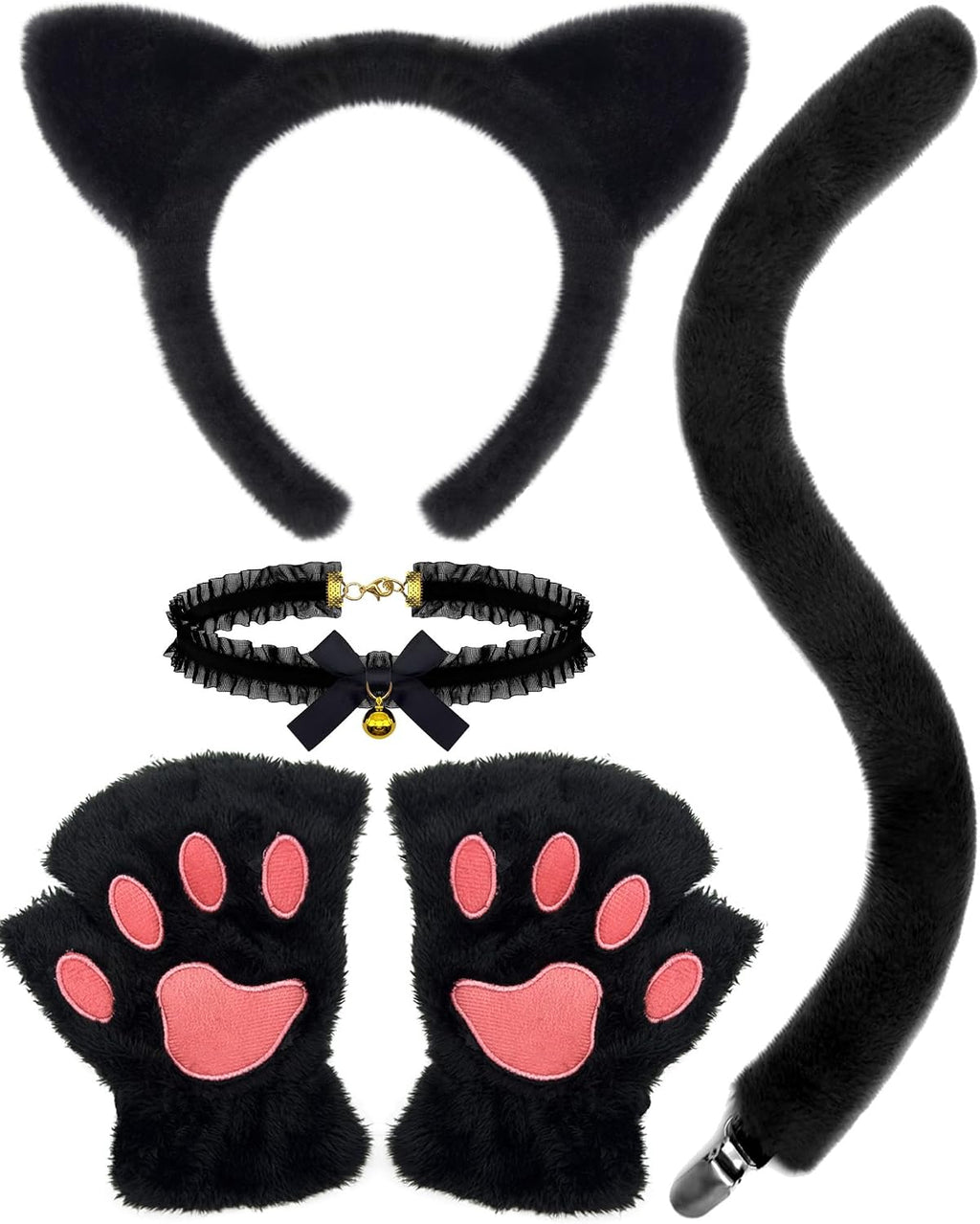 Black Cat Costume Accessories - Cat Ears Headband Tail Paws Gloves Choker Fluffy Cute Set for Adult Women Halloween