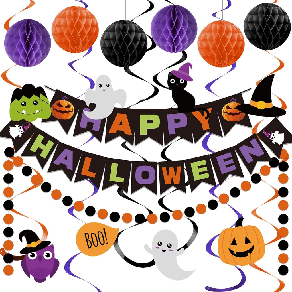 meowtastic Happy Halloween Banner Decorations - Halloween Banner with Honeycomb Ball, Hanging Swirl Streamer, Circle Dot Garland Decorations for theme Party Decorations