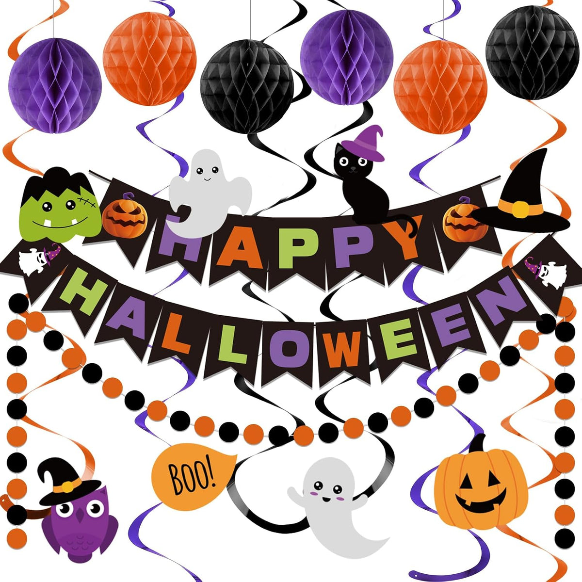 meowtastic Happy Halloween Banner Decorations - Halloween Banner with Honeycomb Ball, Hanging Swirl Streamer, Circle Dot Garland Decorations for theme Party Decorations
