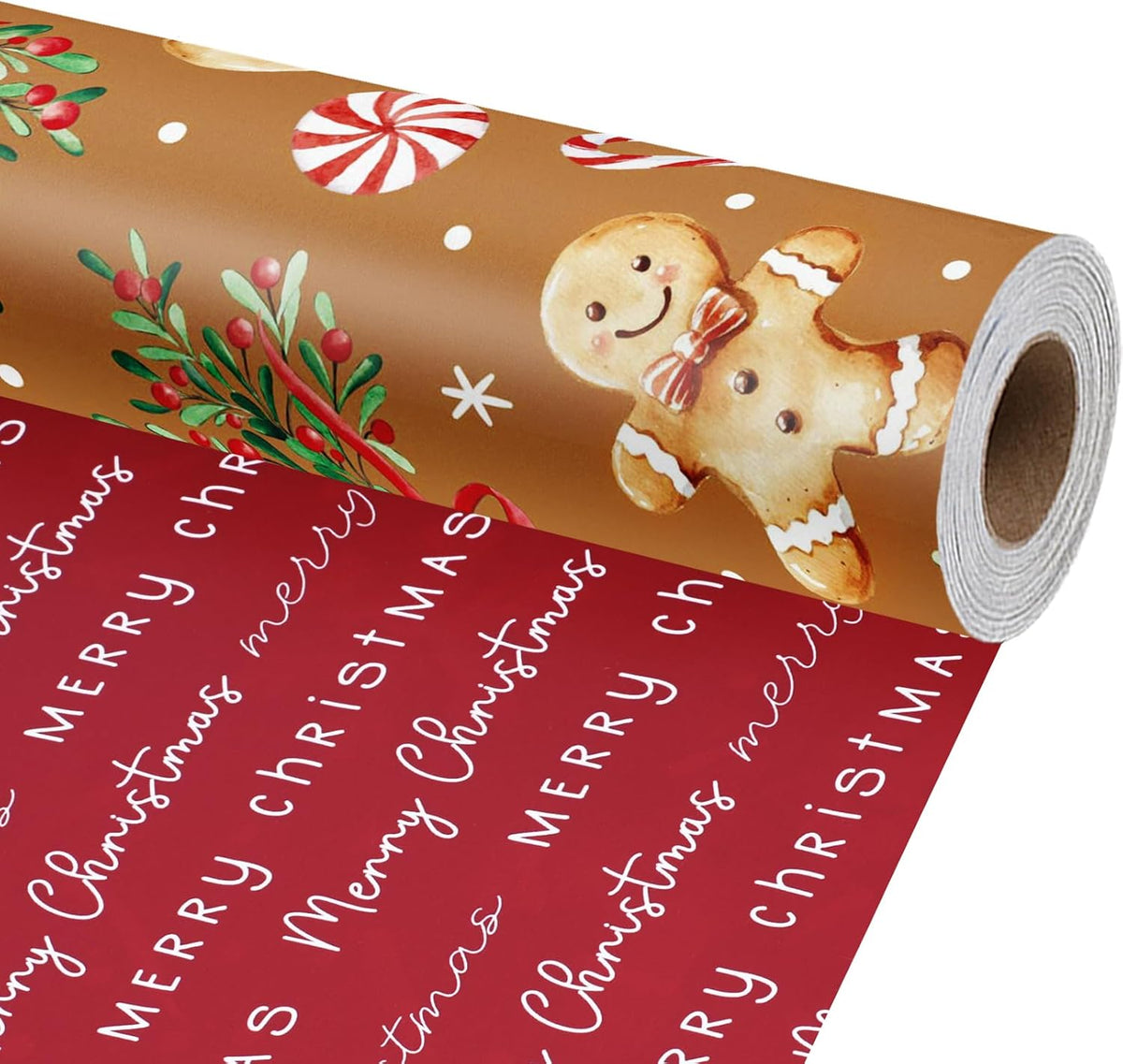 LaRibbons Christmas Wrapping Paper, Double-Sided Gingerbread Cookie Design