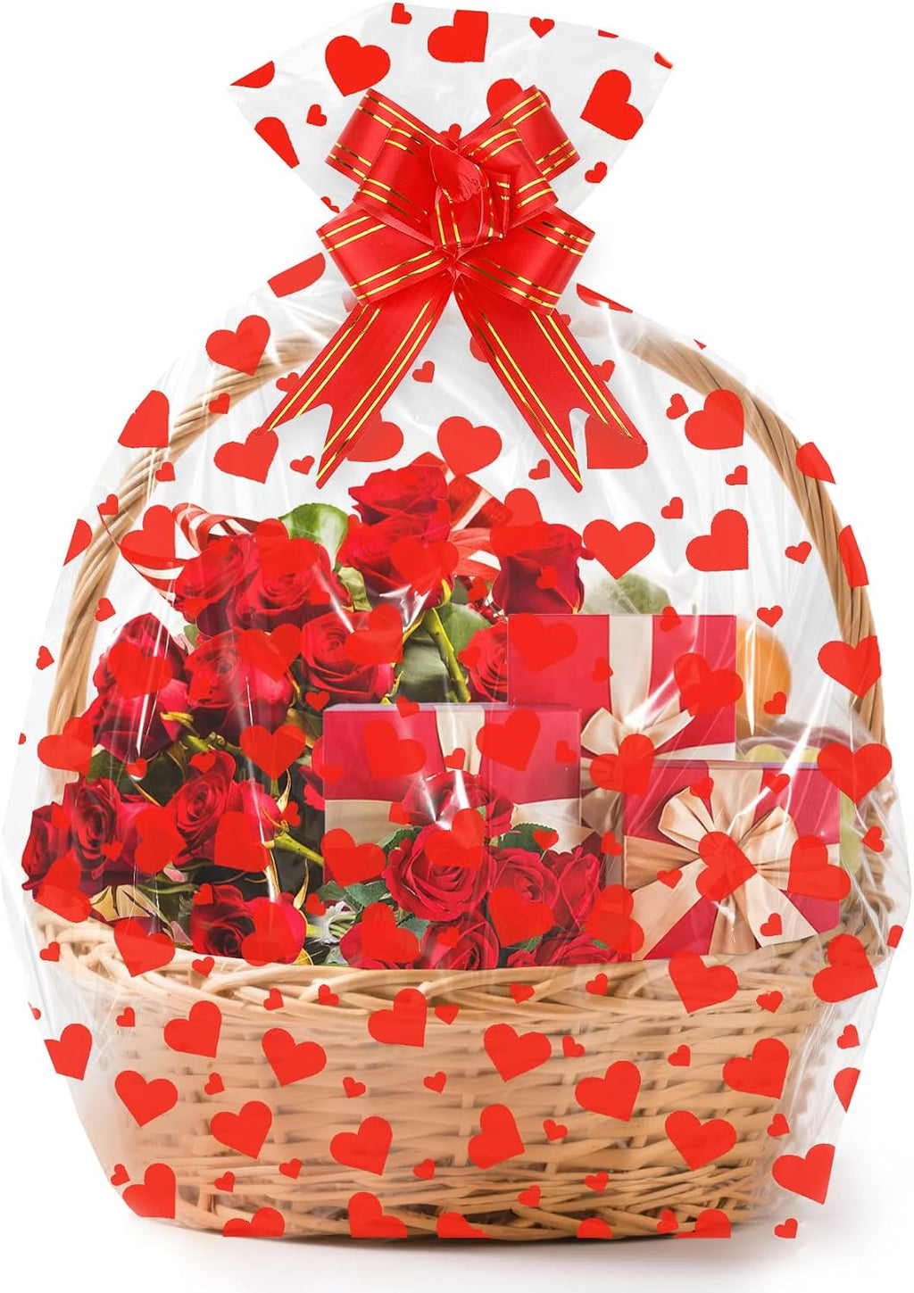 10 Sets Large Valentines Cellophane Bags(20x28 Inch) with Pull Bows Red Heart Gift Goodie Basket Stocking Stuffers Wrap Valentine Day Galentines Party Decorations Favors Supplies Holiday Baggies