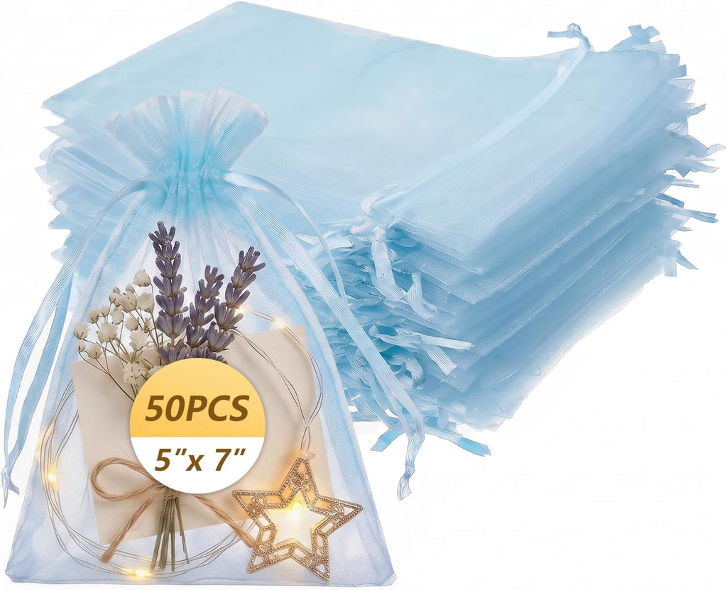 Wudygirl 50 Pcs Organza Bags, 5x7 IN Drawstring Gift Bags-Sky Blue