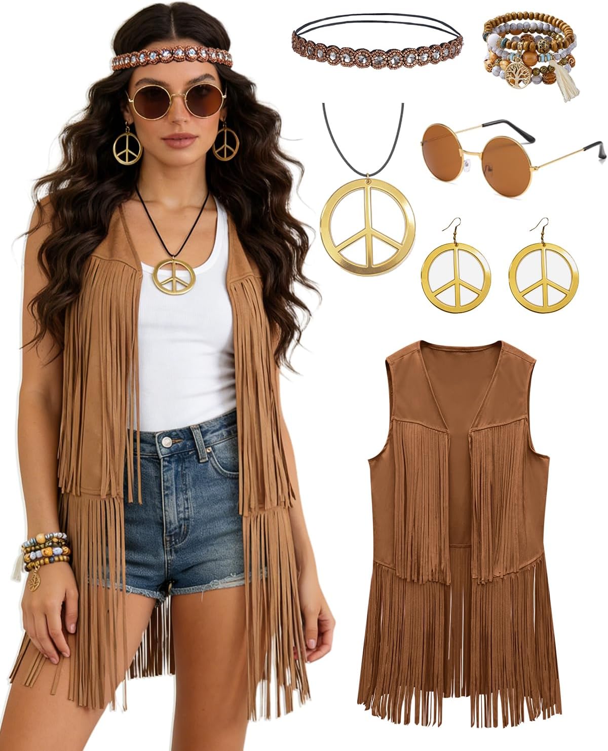 60s 70s Outfit for Women Hippie Costume Clothes Fringe Vest Accessories