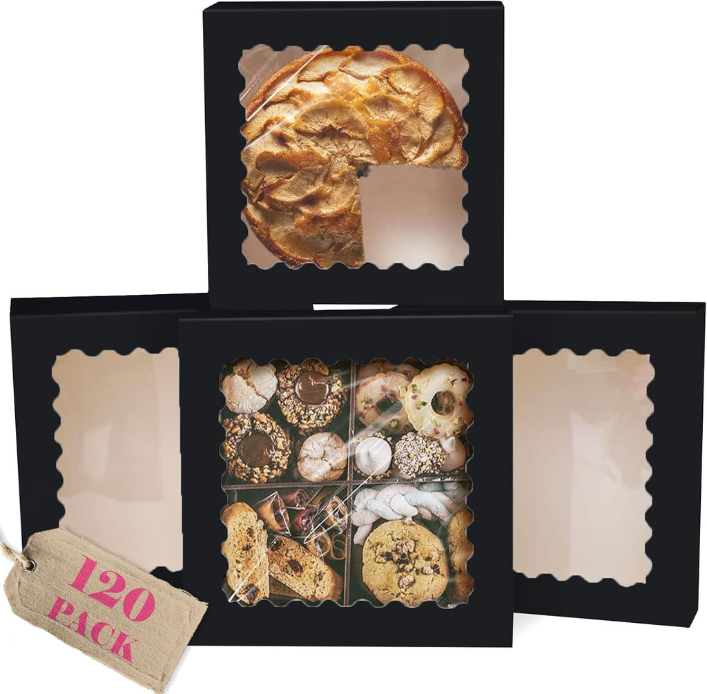 qiqee 10"x 10"x 2.5" Black Pie Boxes with Window 120Packs Cookie Donut Bakery Box (Auto-pop Up)