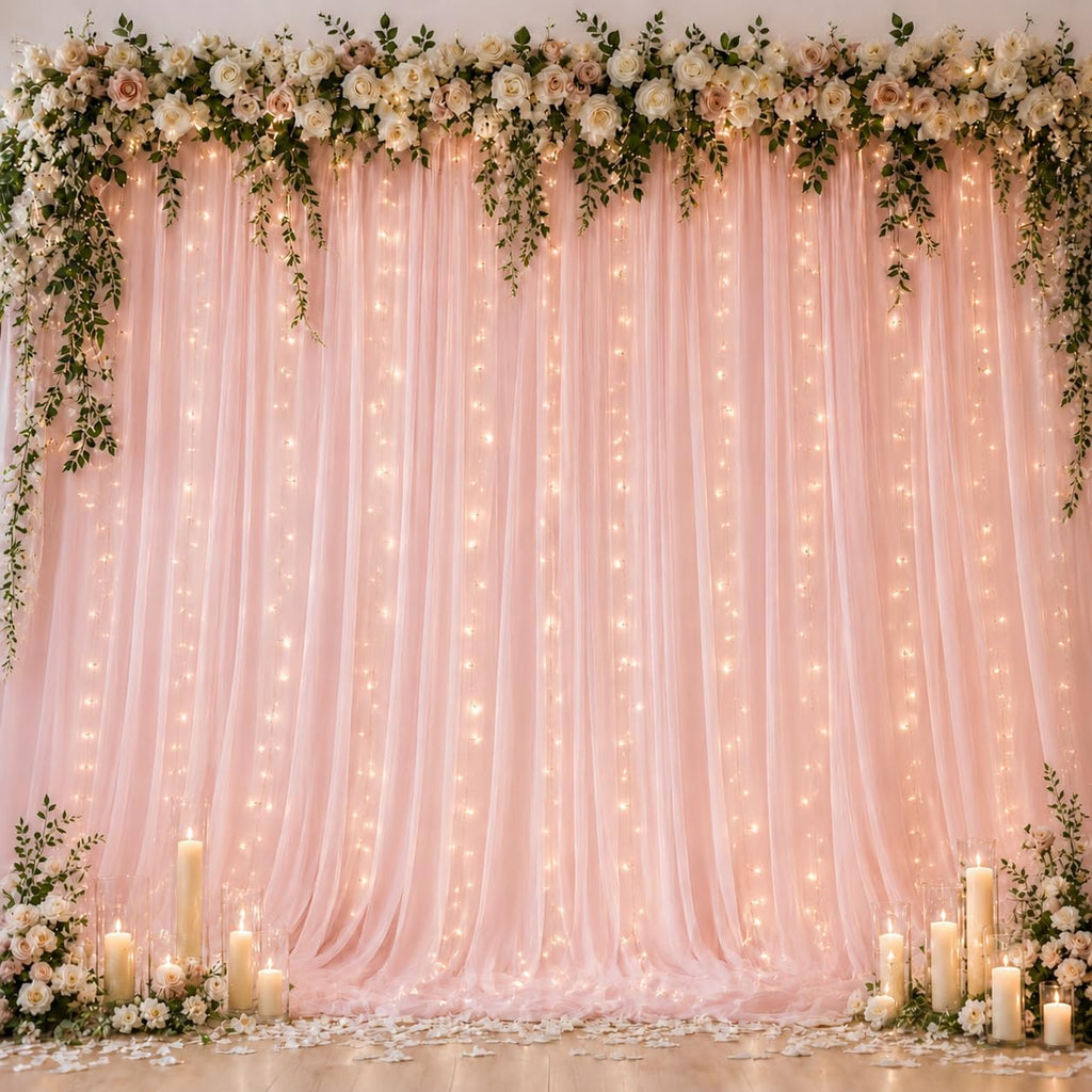 Ledido 10×10ft Pink Tulle Backdrop Curtain with Light(2 Panels 5×10ft)