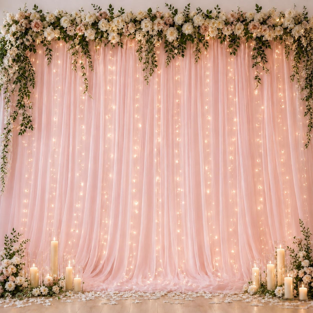 Ledido 10×10ft Pink Tulle Backdrop Curtain with Light(2 Panels 5×10ft)