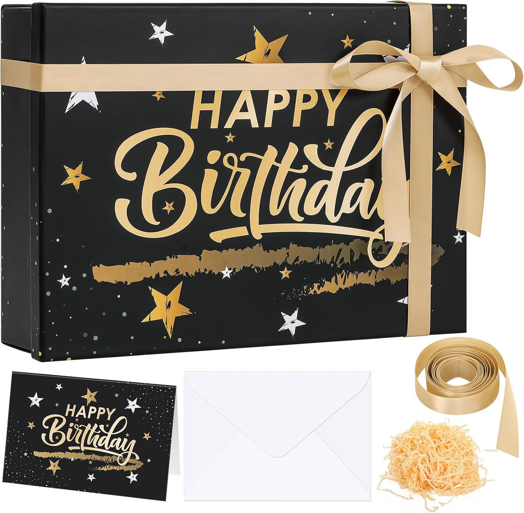 Ctosree Black Happy Birthday Gift Box with Lid for Presents, 13.5 x 10 x 4 Inch Gold Black Large Luxury Star Foldable Cardboard Box for Gift Packing, Contains Card, Envelope, Ribbon, Raffia Grass