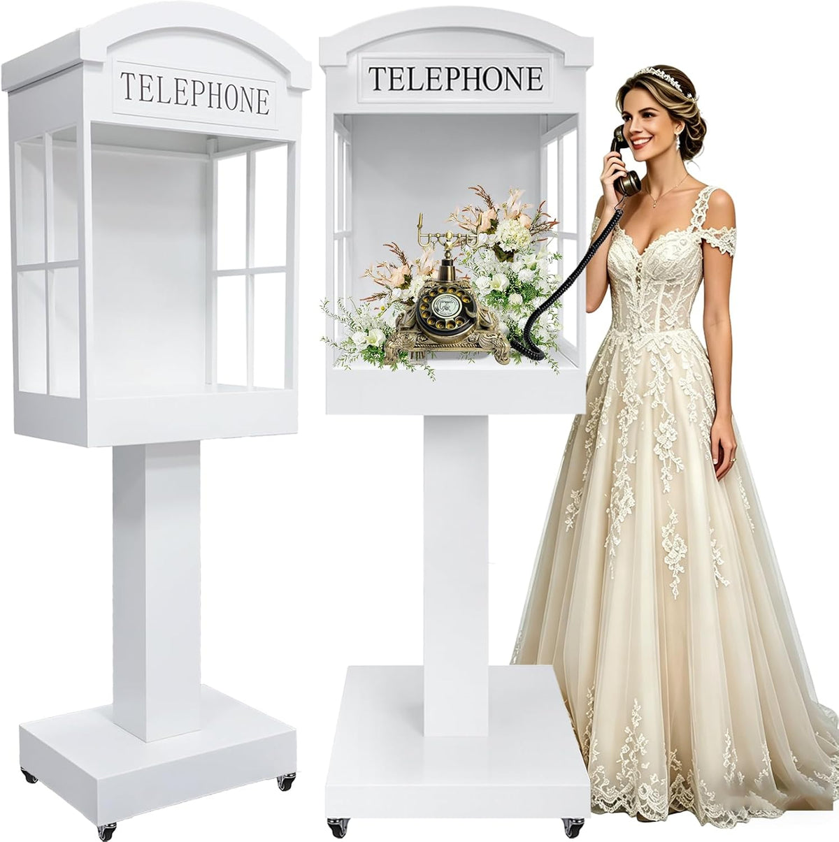 Audio Guest Book Phone Booth Stand with Wheels, Romantic Metal Audio Guestbook Telephone Booth for Wedding Birthdays Party Graduation Baby Shower Occasions Decoration