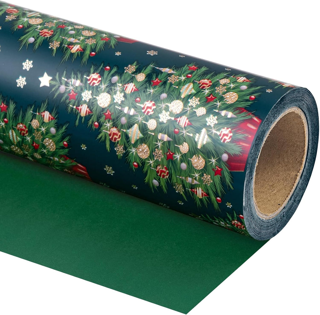 WRAPAHOLIC Reversible Green Christmas Wrapping Paper - Mini Roll - 17 Inch x 33 Feet - Green Christmas Tree Wrapping Paper for Holiday, Party Celebration