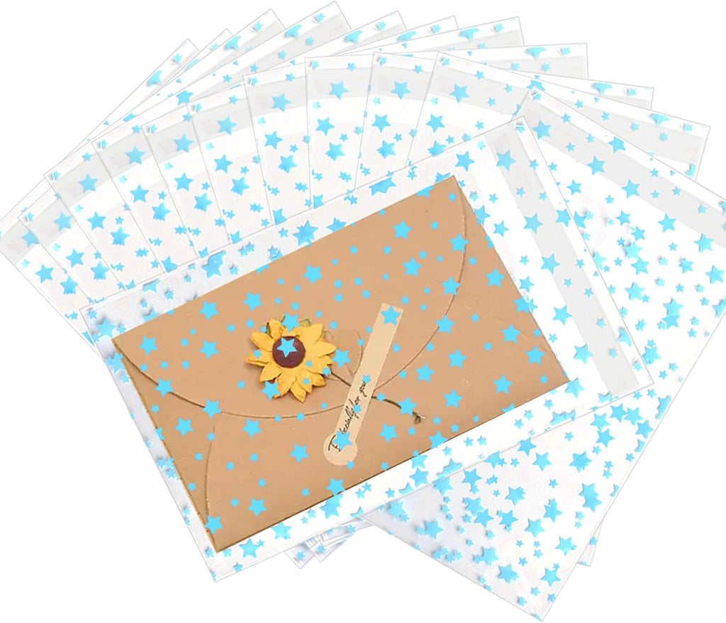 COQOFA 100 Pcs Star Printed Sealable Gift Wrap Cello Cellophane Bags Self sealing Adhensive Treat Bags Party Favor bags (7x10inch, Blue)