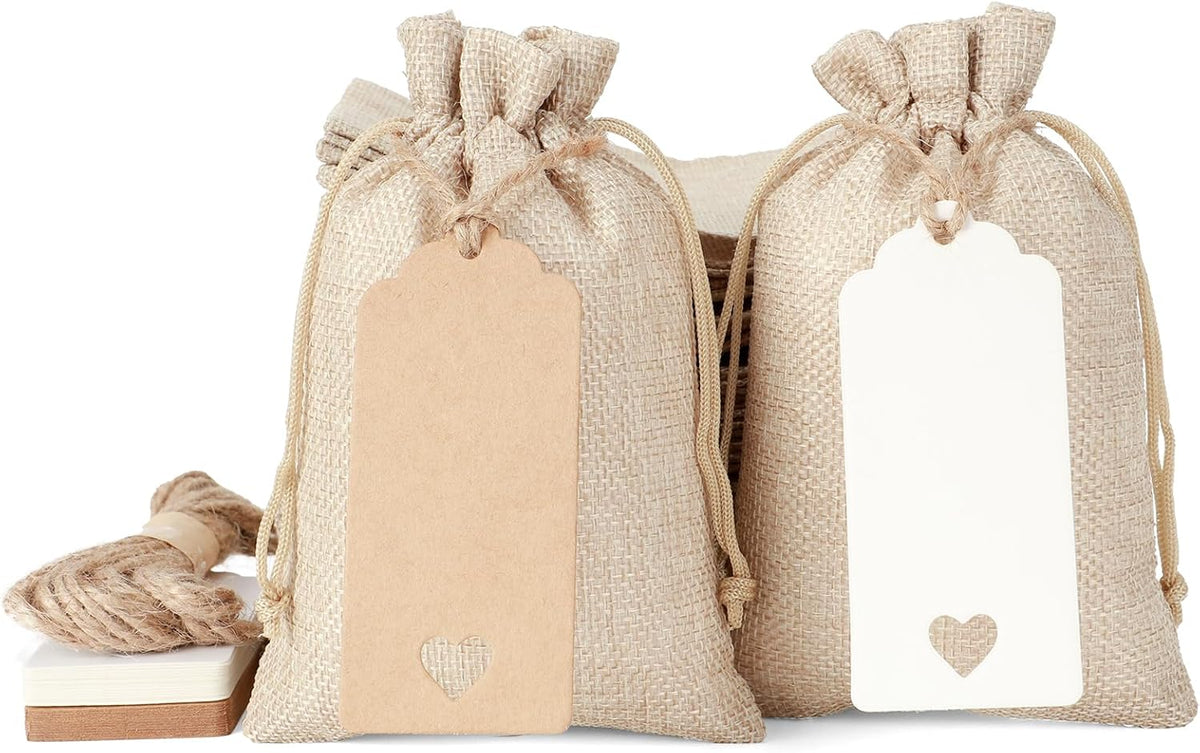 Tapleap 30Pcs Small Burlap Gift Bags, 4x6”- With Tags & Strings