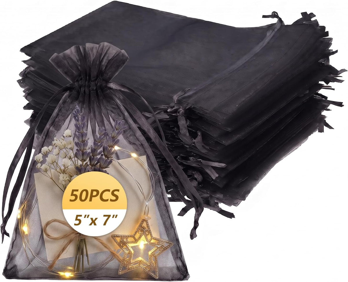Wudygirl 50 Pcs Organza Bags, 5x7 IN Drawstring Gift Bags-Black