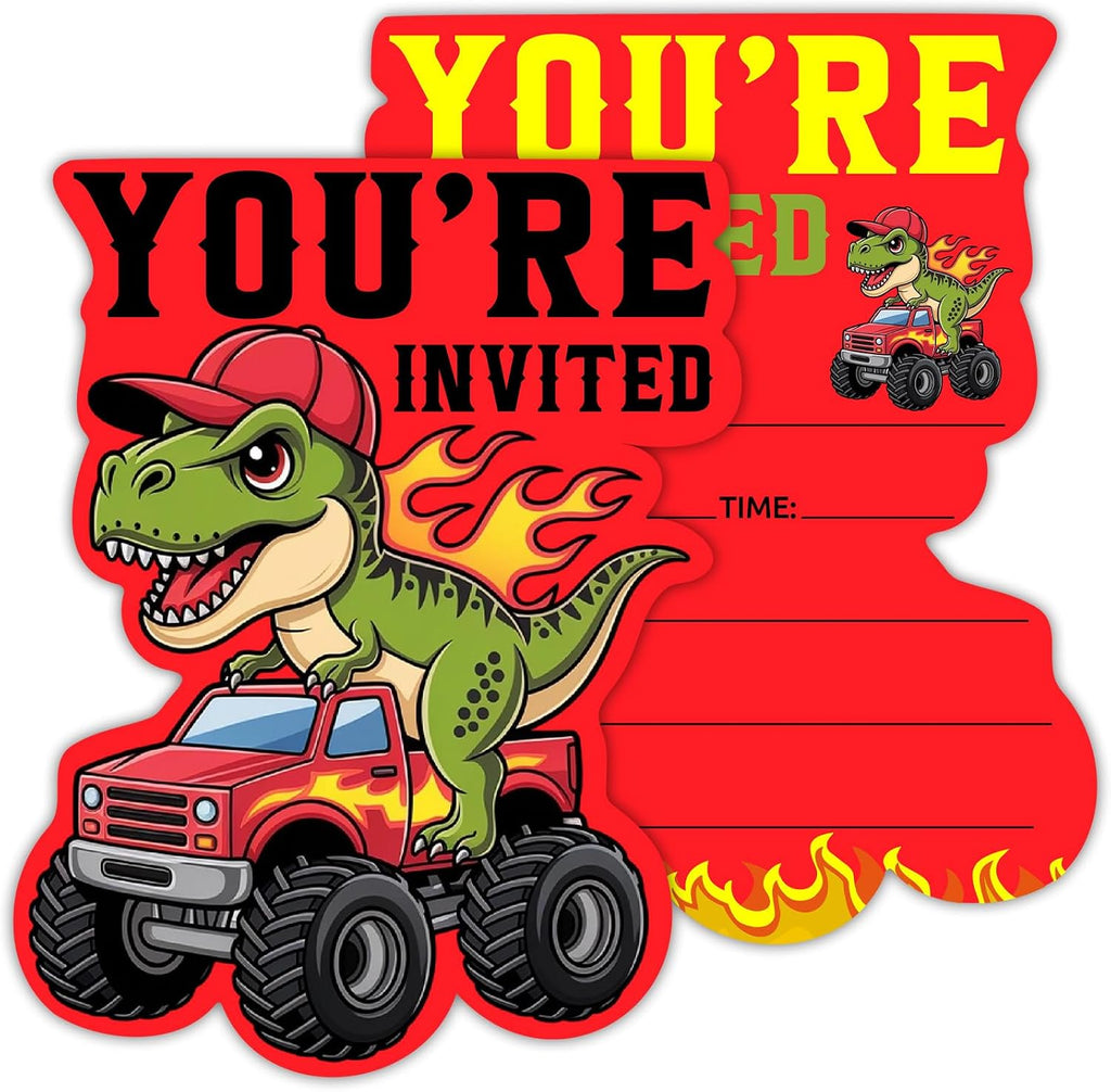 Red Truck Birthday Party Invitations, Dinosaurs Monster Truck Shaped Invitations for Kids Boys, Monster Truck Theme Birthday Party Decorations Supplies Favors, 20 Set Invites Cards with Envelopes