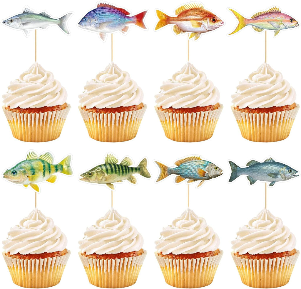 Hooqict 40Pcs Gone Fishing Cupcake Toppers Fish Birthday Cake Topper Decorations Cupcake Picks for Fishing Theme Party Decorations Baby Shower Summer Under The Sea Party Supplies