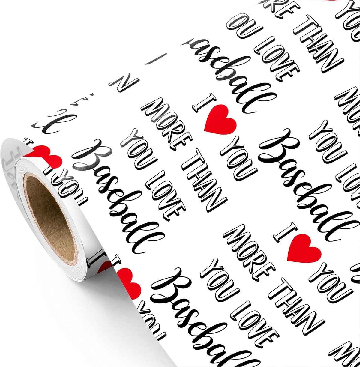 WRAPAHOLIC Funny Valentines Day Wrapping Paper Roll - Mini Roll - 17 Inch x 16.5 Feet - I Love You More Than Baseball Wrapping Paper for Valentine's Day, Anniversary, Birthday, Boyfriend, Husband