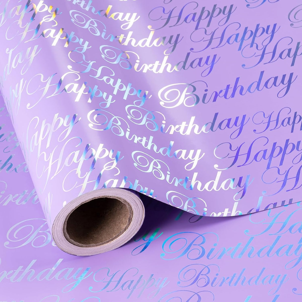 WRAPAHOLIC 30 Inch Reversible Birthday Wrapping Paper - 30 Inch x 33 Feet - Puprle and Silver Foil Happy Birthday Wrapping Paper for Girls, Women, Kids, Baby Shower