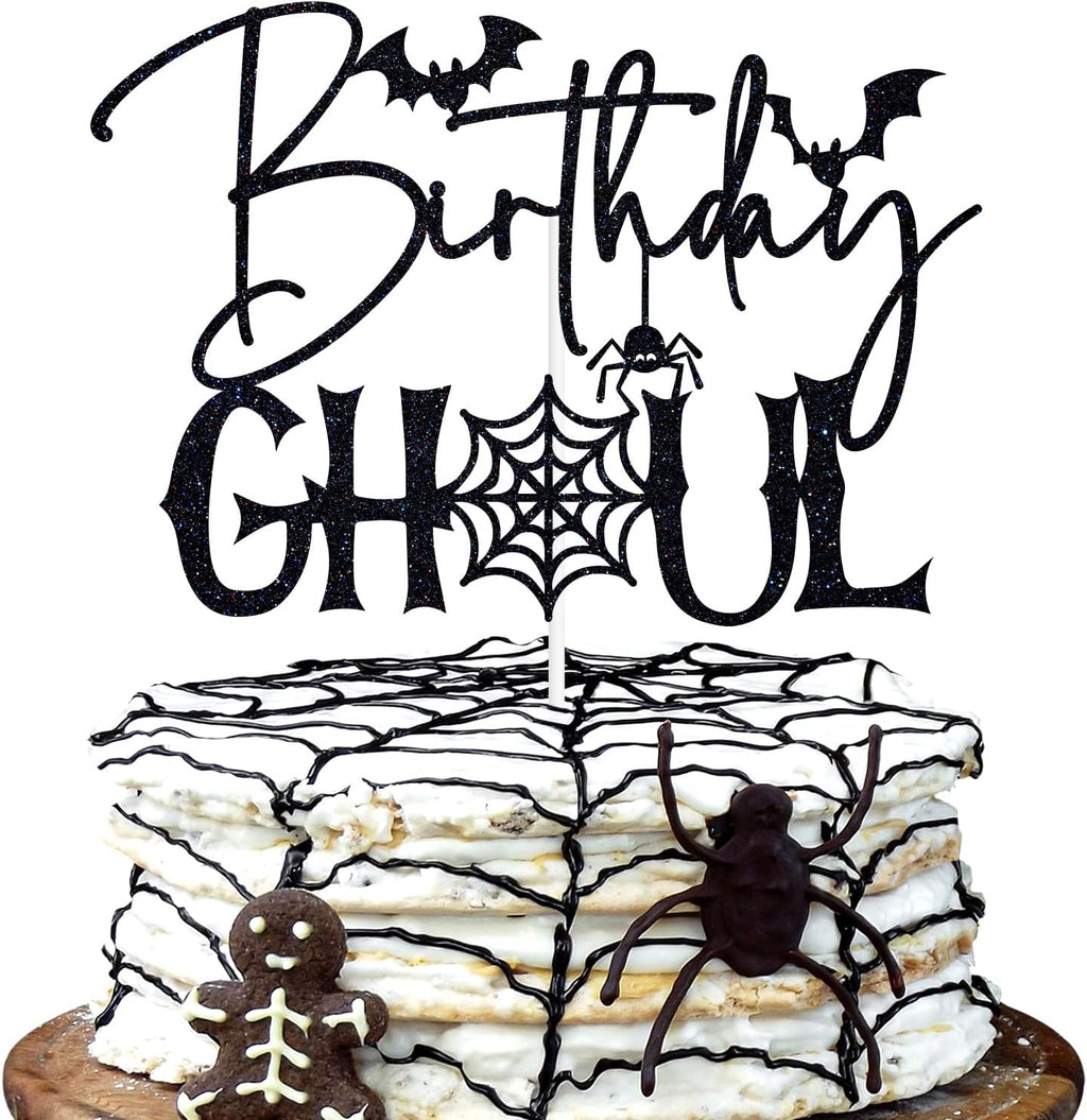 Black Glitter Birthday Ghoul Cake Topper, Spooky Spider Halloween Birthday Cake Décor, Ghost Halloween Bridal Shower Baby Shower Party Decorations Supplies