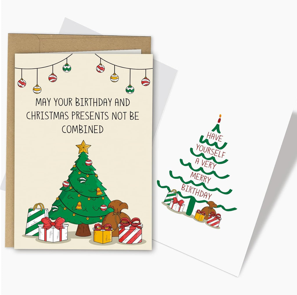 Funny Christmas Birthday Card for Him Her, Humorous December Bday Card Gift for Friends Sister Brother, May Your Birthday And Christmas Presents Not Be Combined