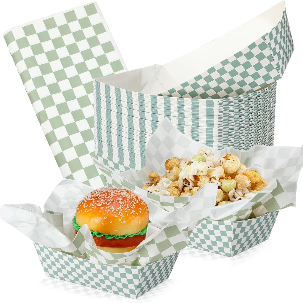 Geosar 100 Pcs Gingham Paper Food Tray with Wax Paper,Green White