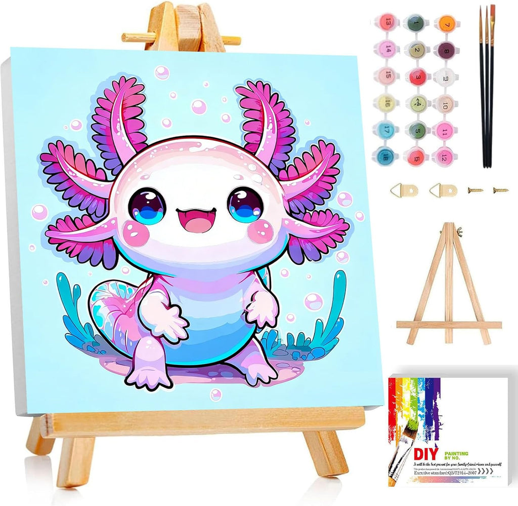 Gemozaic Axolotl Paint by Numbers Kit for Kids with Frame & Easel, 8x8 in