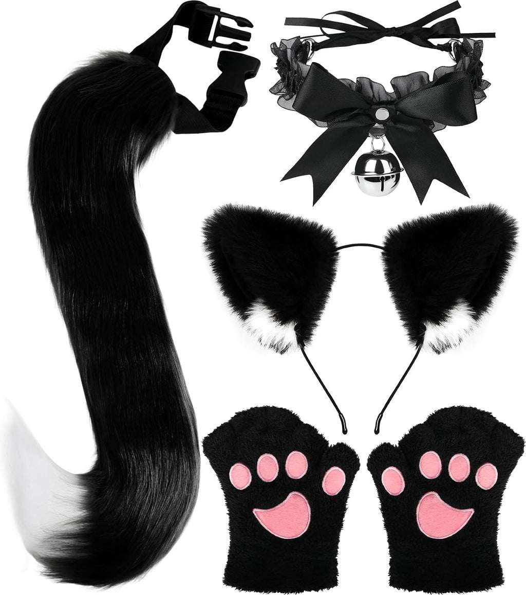 Cat Ears and Tail,Wolf Fox Ears Long Tail and Bell Lace Choker Set for Halloween,Animal Cosplay Party Costume